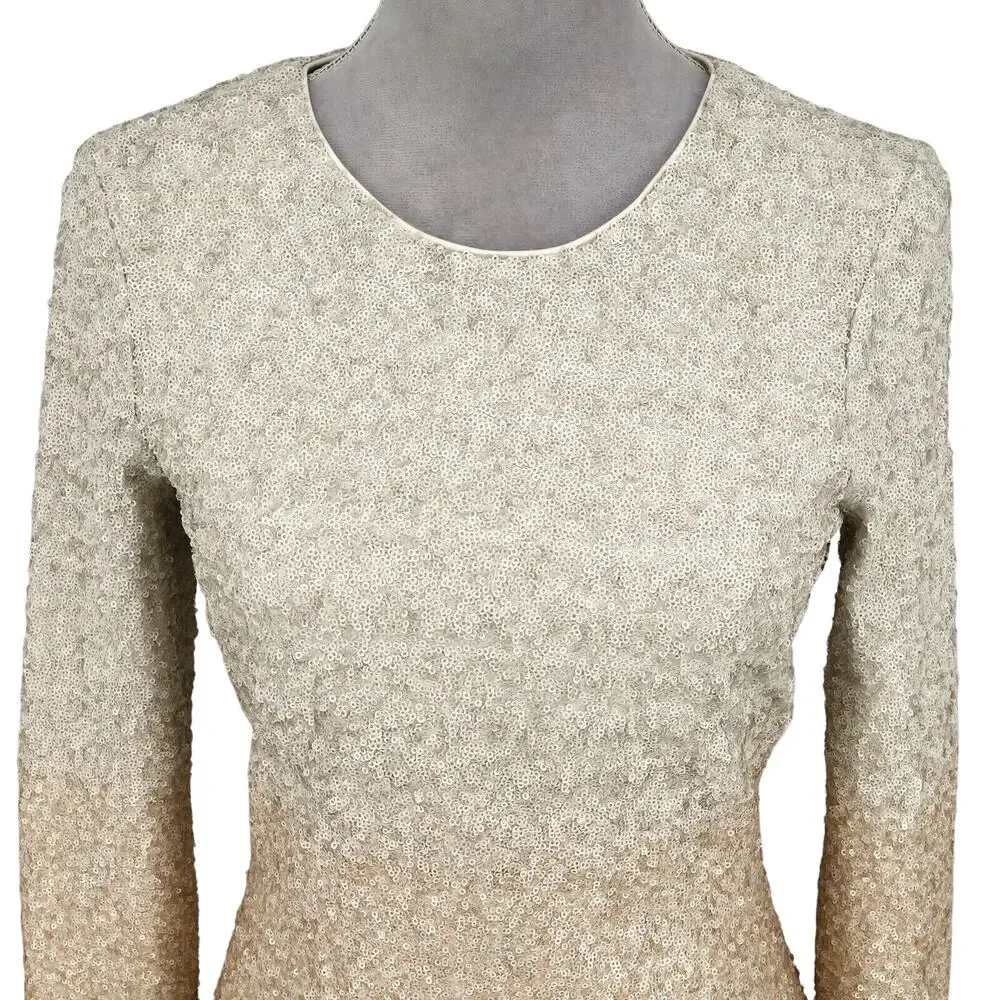 Belle Badgley Mischka Dress Womens 6 Ivory Gold Ombre Sequins Zip Lined New